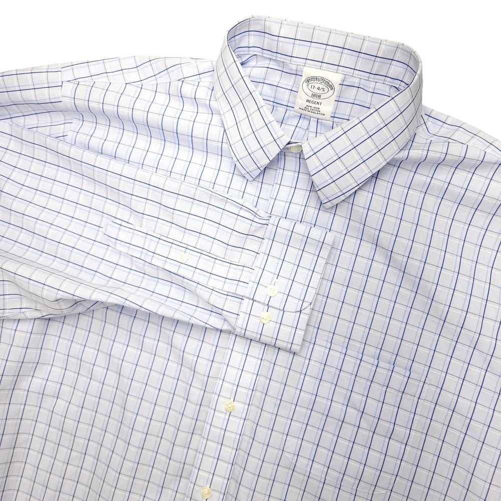 Brooks Brothers Dress Shirt Mens 17 4/5 White Blue Check Regent Non Iron Cotton